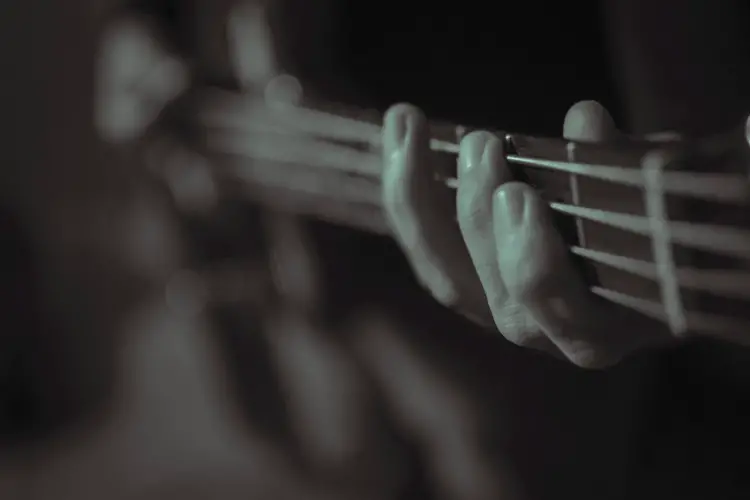 Fingers on a bass guitar neck